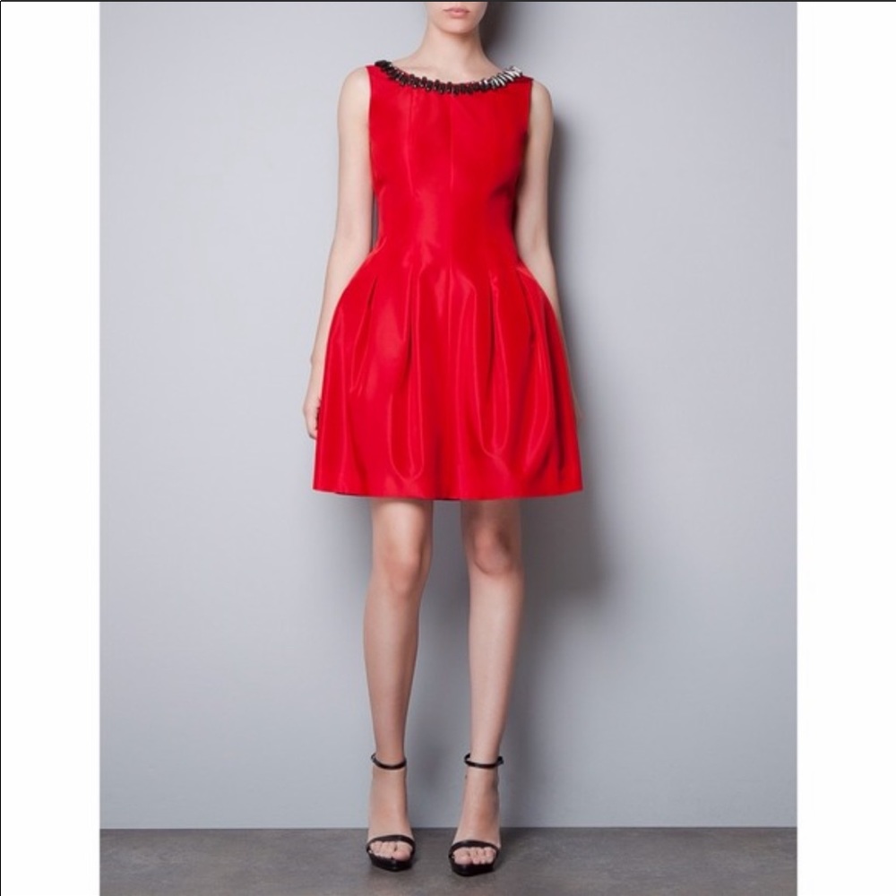 ZARA basic red tulip dress with jewelled neckline.